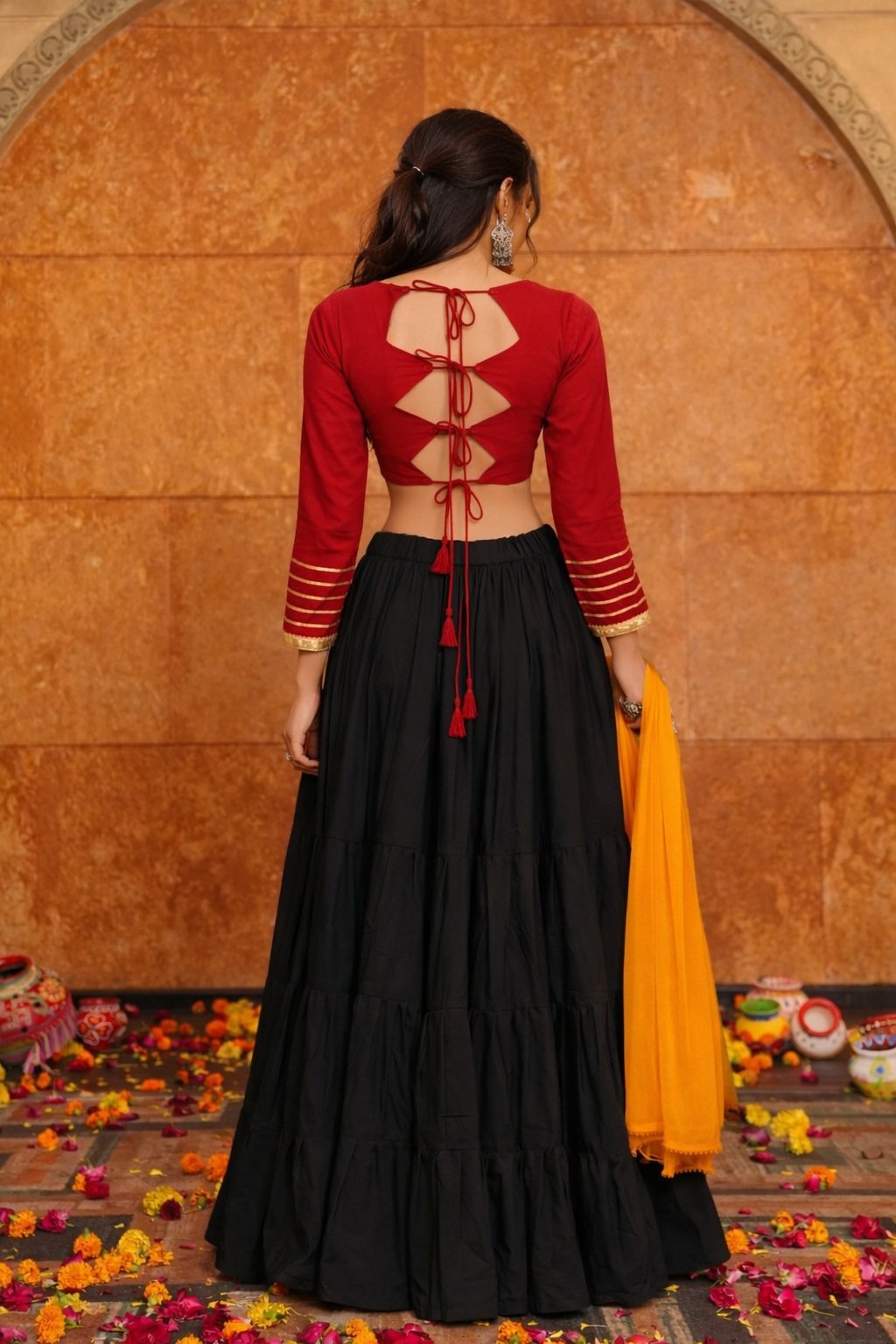Women's Black Crepe Traditional Kutchi Embroidery with Mirror Work Semi Stitched Lehenga Choli With Dupatta (Nav_28_Black)