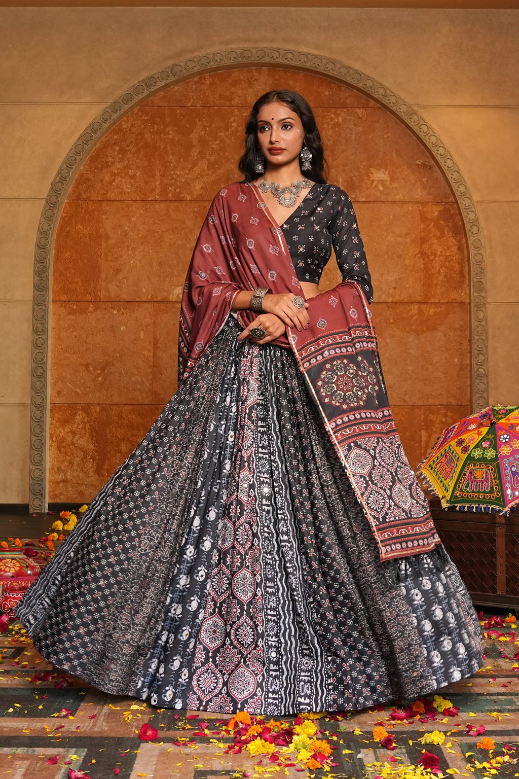 Women's Black Crepe Printed Work Semi Stitched Lehenga Choli With Dupatta (Nav_29_Black)