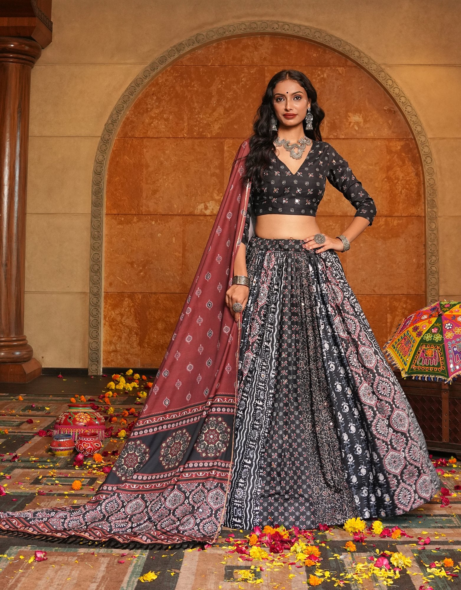 Women's Black Crepe Printed Work Semi Stitched Lehenga Choli With Dupatta (Nav_29_Black)