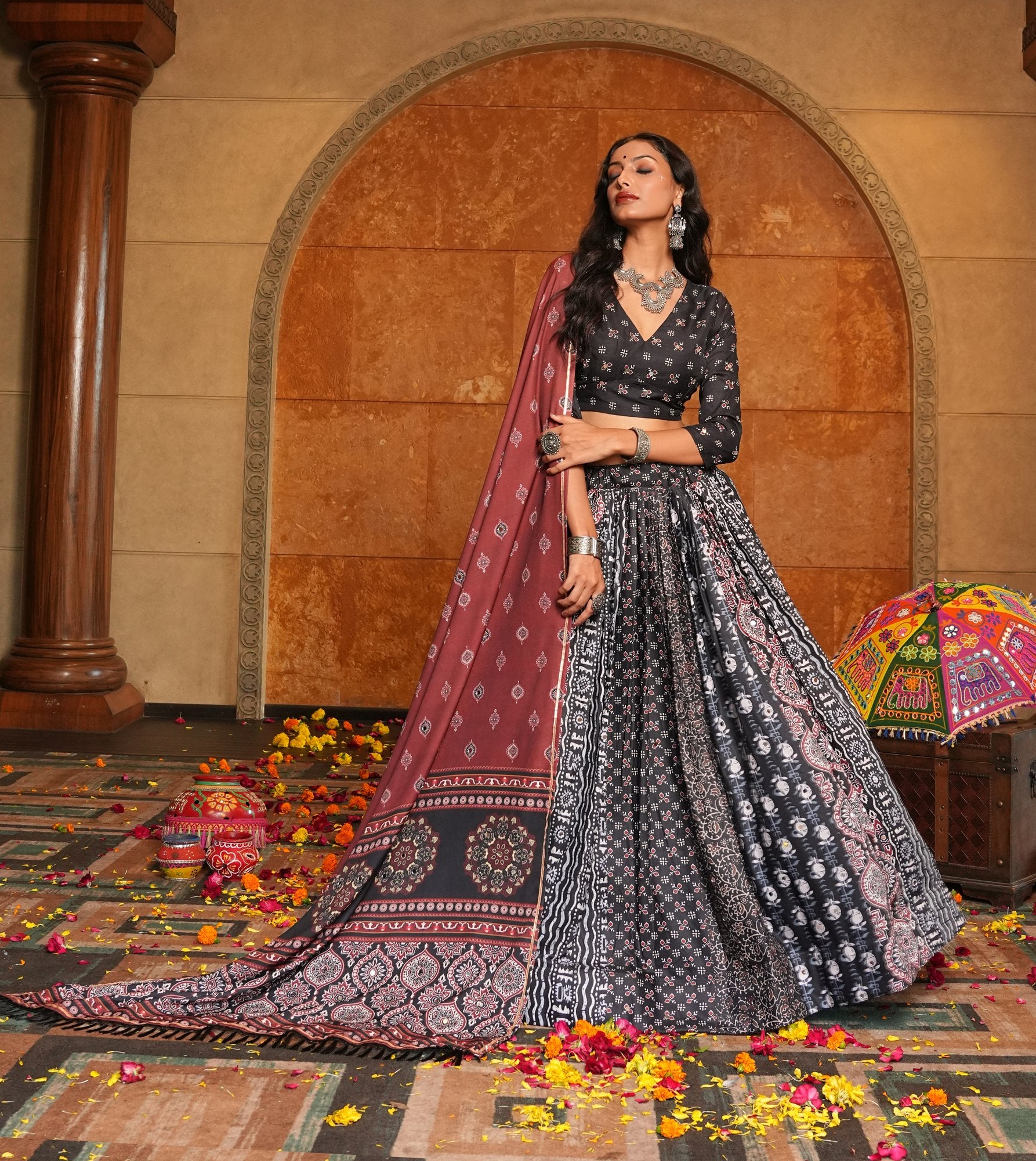 Women's Black Crepe Printed Work Semi Stitched Lehenga Choli With Dupatta (Nav_29_Black)