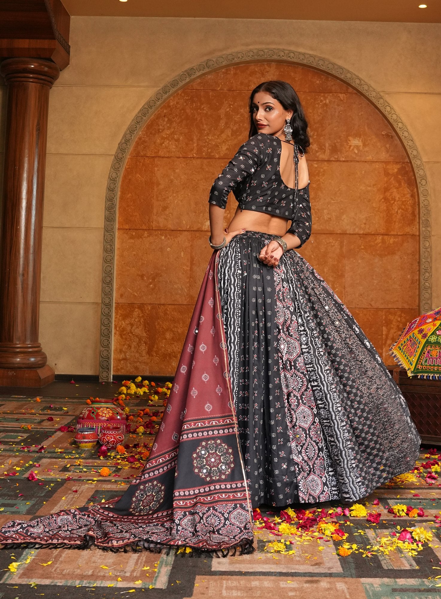 Women's Black Crepe Printed Work Semi Stitched Lehenga Choli With Dupatta (Nav_29_Black)