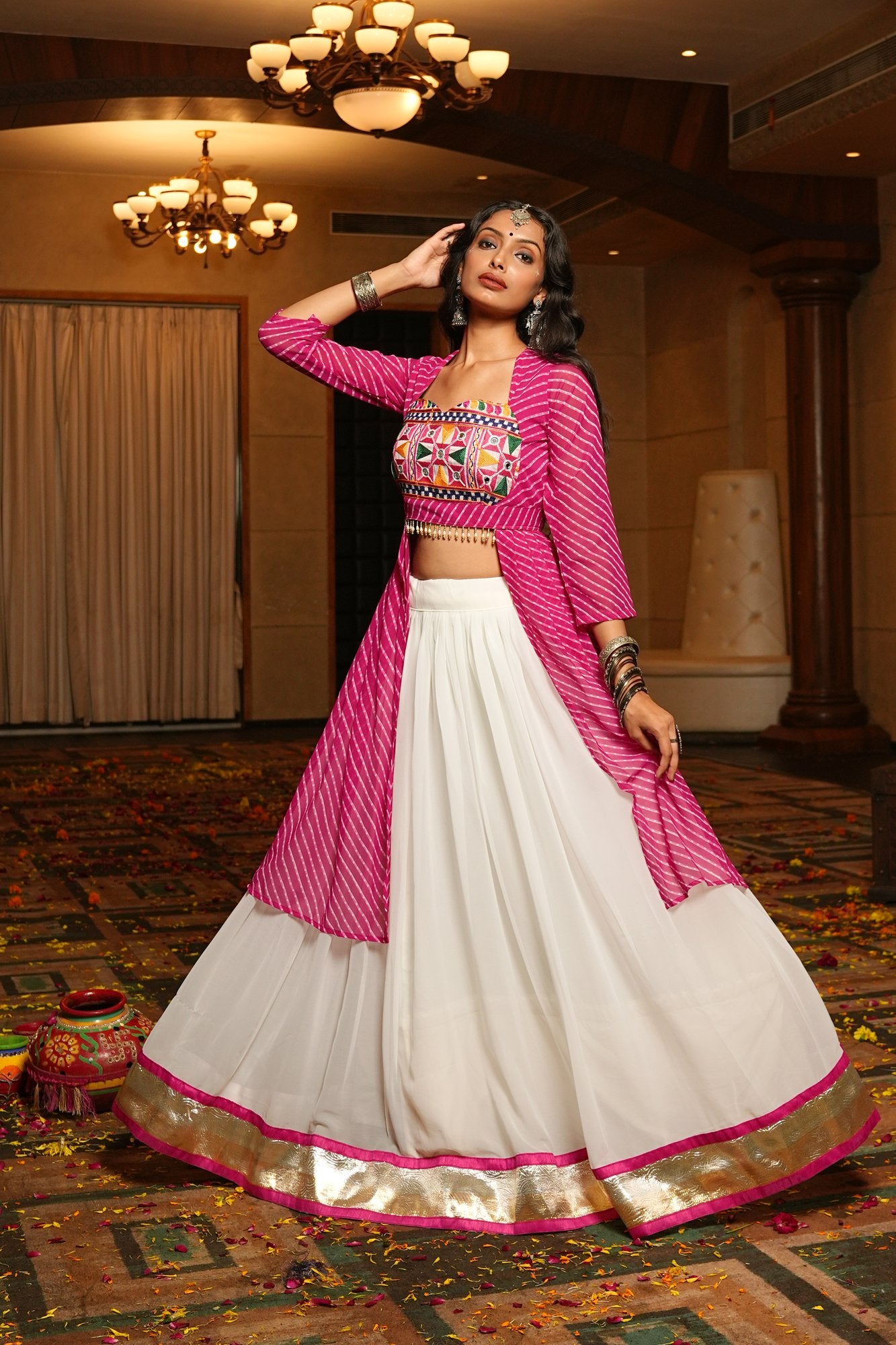 Women's White Georgette Embroidery and Printed Semi Stitched Lehenga Choli With Dupatta (Nav_30_White)