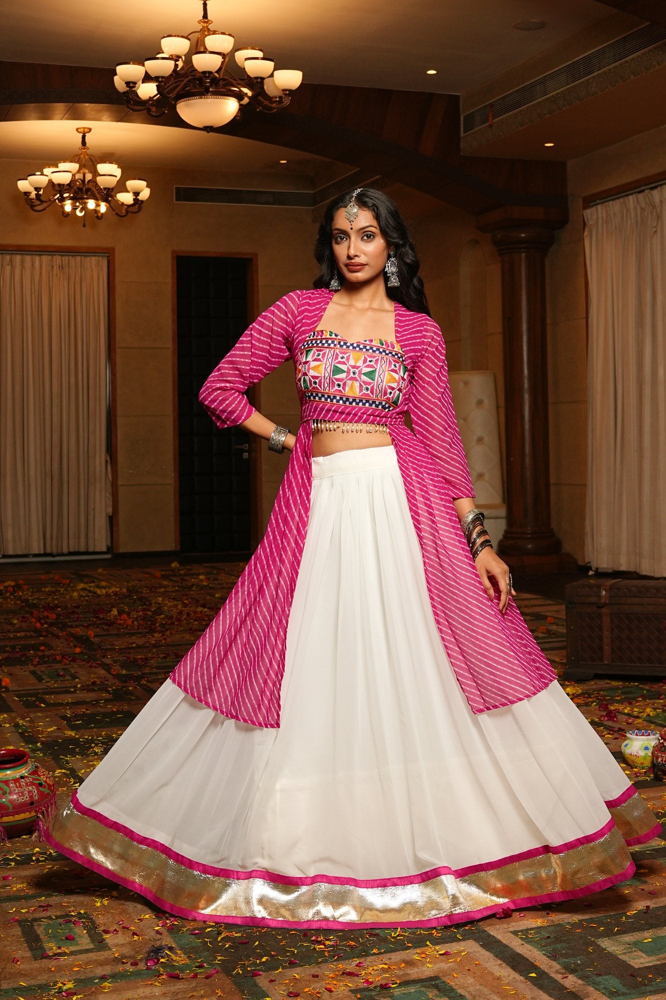 Women's White Georgette Embroidery and Printed Semi Stitched Lehenga Choli With Dupatta (Nav_30_White)