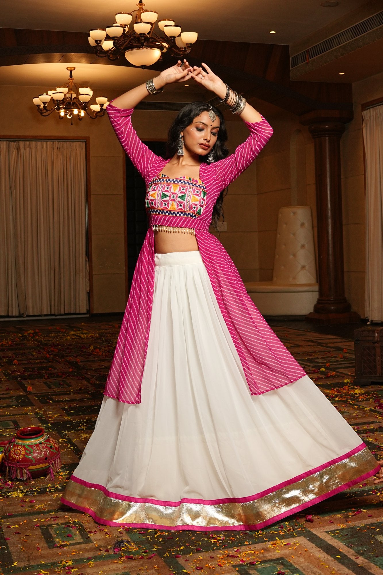 Women's White Georgette Embroidery and Printed Semi Stitched Lehenga Choli With Dupatta (Nav_30_White)