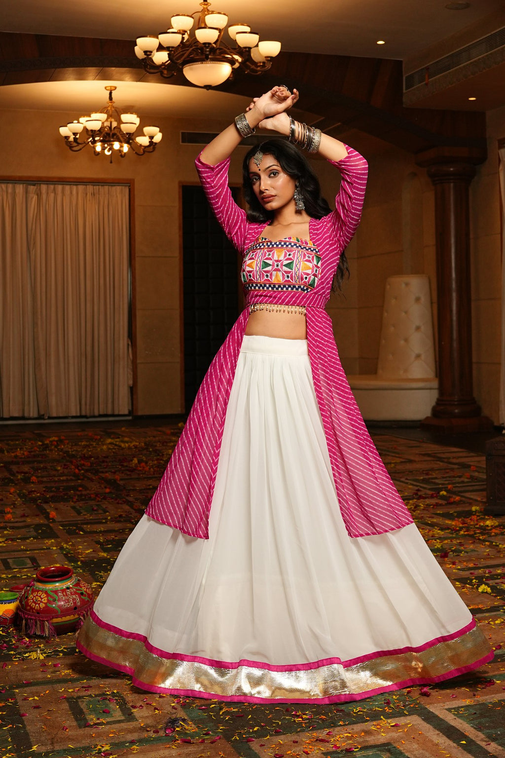 Women's White Georgette Embroidery and Printed Semi Stitched Lehenga Choli With Dupatta (Nav_30_White)
