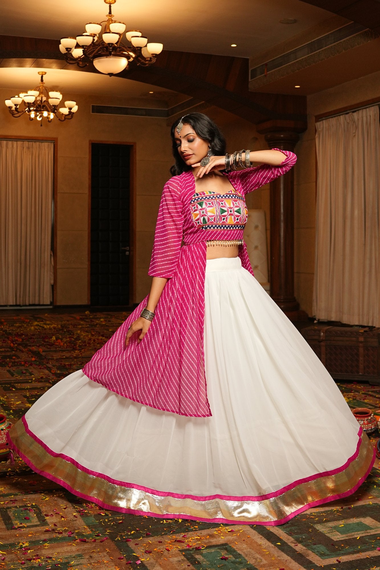 Women's White Georgette Embroidery and Printed Semi Stitched Lehenga Choli With Dupatta (Nav_30_White)