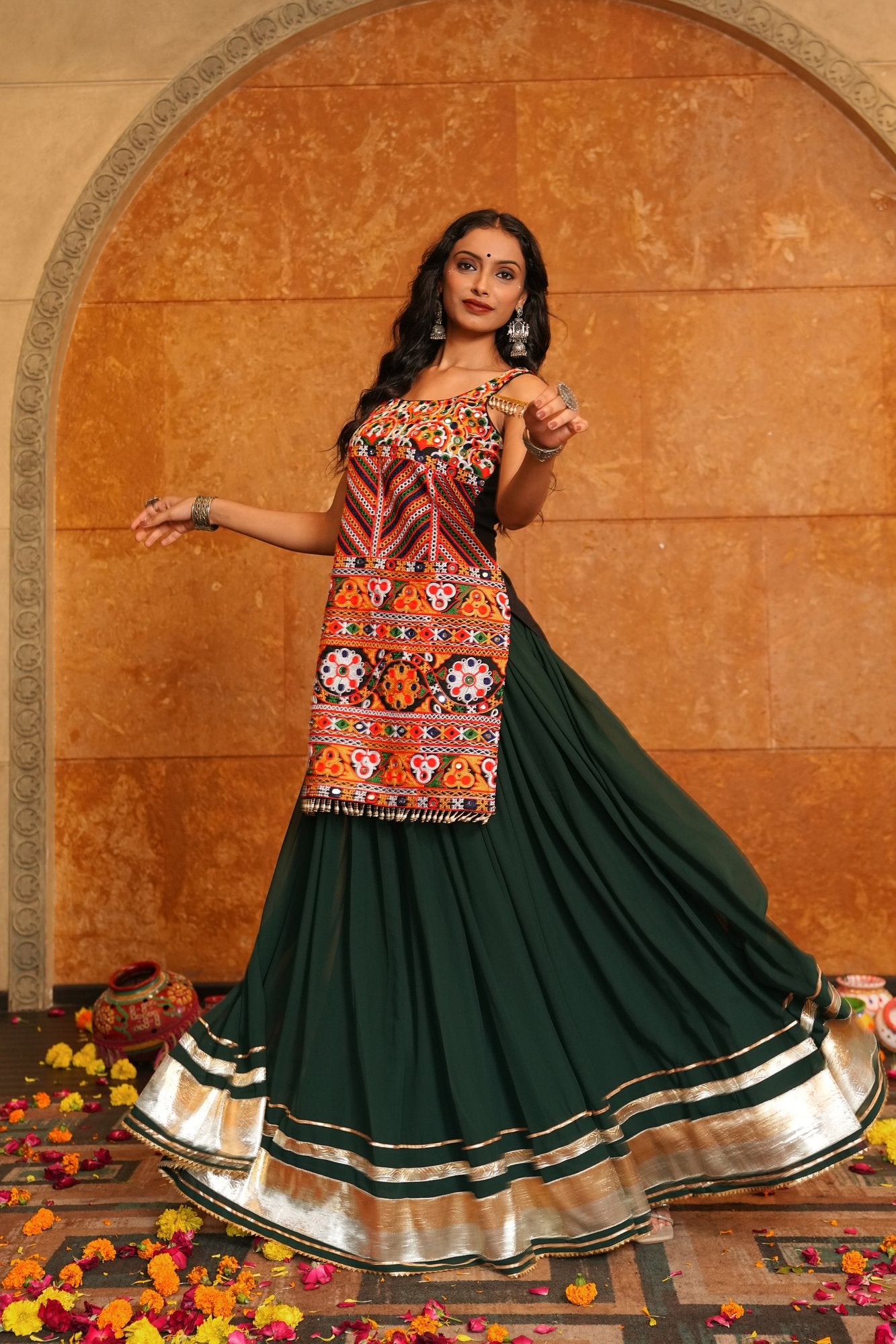 Women's Green Georgette Traditional Kutchi Embroidery with Mirror Work Semi Stitched Lehenga Choli With Dupatta (Nav_31_Green)