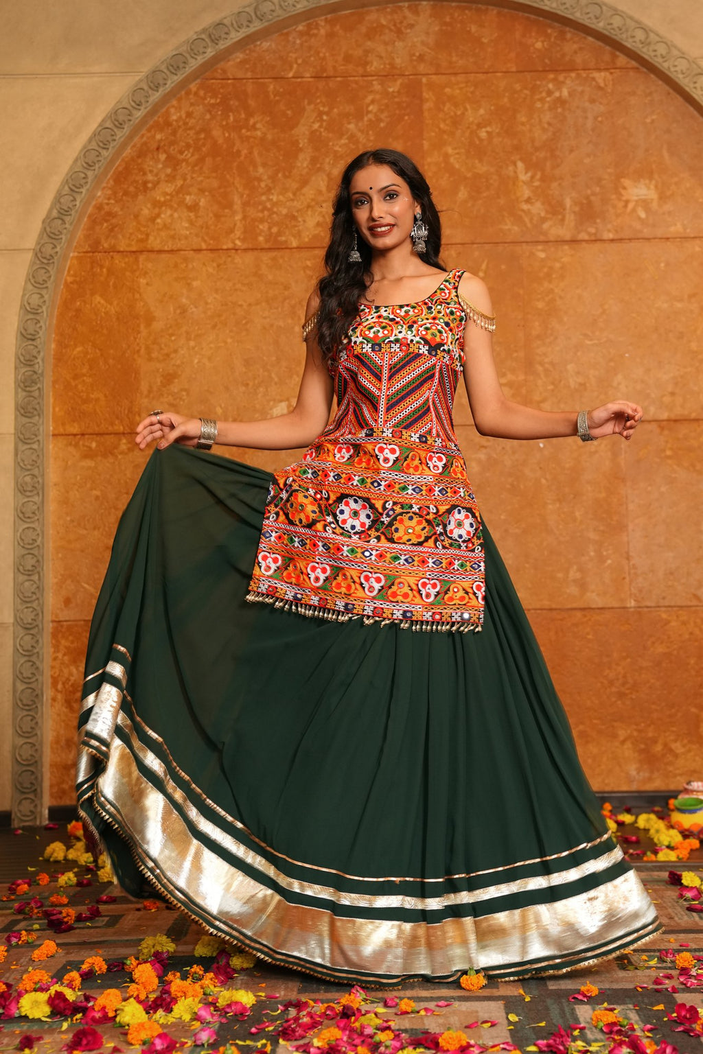 Women's Green Georgette Traditional Kutchi Embroidery with Mirror Work Semi Stitched Lehenga Choli With Dupatta (Nav_31_Green)