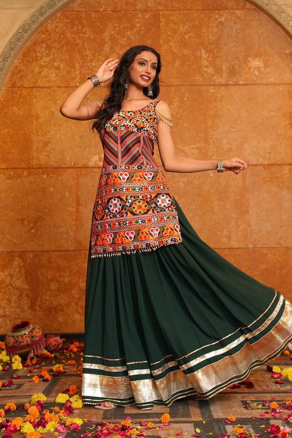 Women's Green Georgette Traditional Kutchi Embroidery with Mirror Work Semi Stitched Lehenga Choli With Dupatta (Nav_31_Green)
