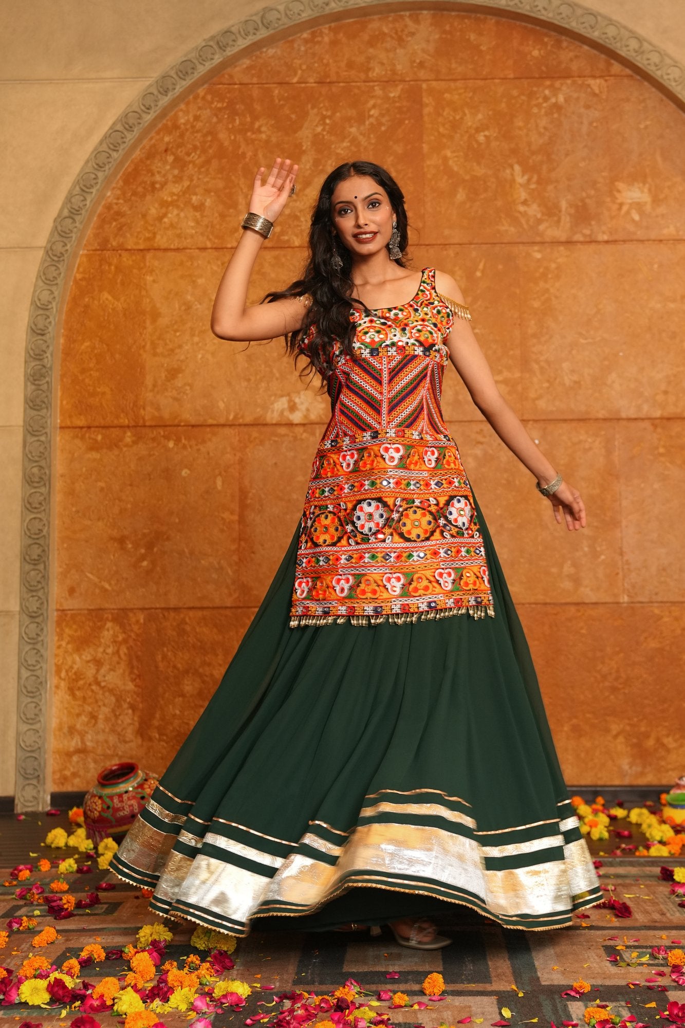 Women's Green Georgette Traditional Kutchi Embroidery with Mirror Work Semi Stitched Lehenga Choli With Dupatta (Nav_31_Green)