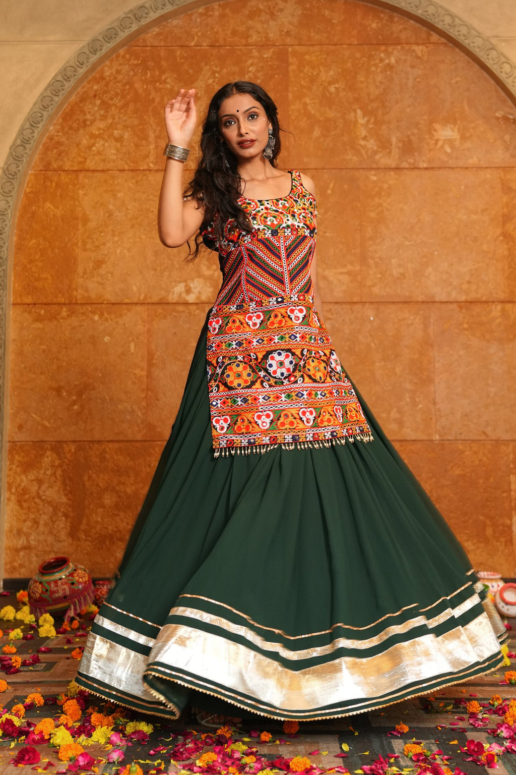 Women's Green Georgette Traditional Kutchi Embroidery with Mirror Work Semi Stitched Lehenga Choli With Dupatta (Nav_31_Green)