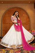 Women's Off White Crepe Traditional Kutchi Embroidery with Mirror Work Semi Stitched Lehenga Choli With Dupatta (Nav_32_Off White)