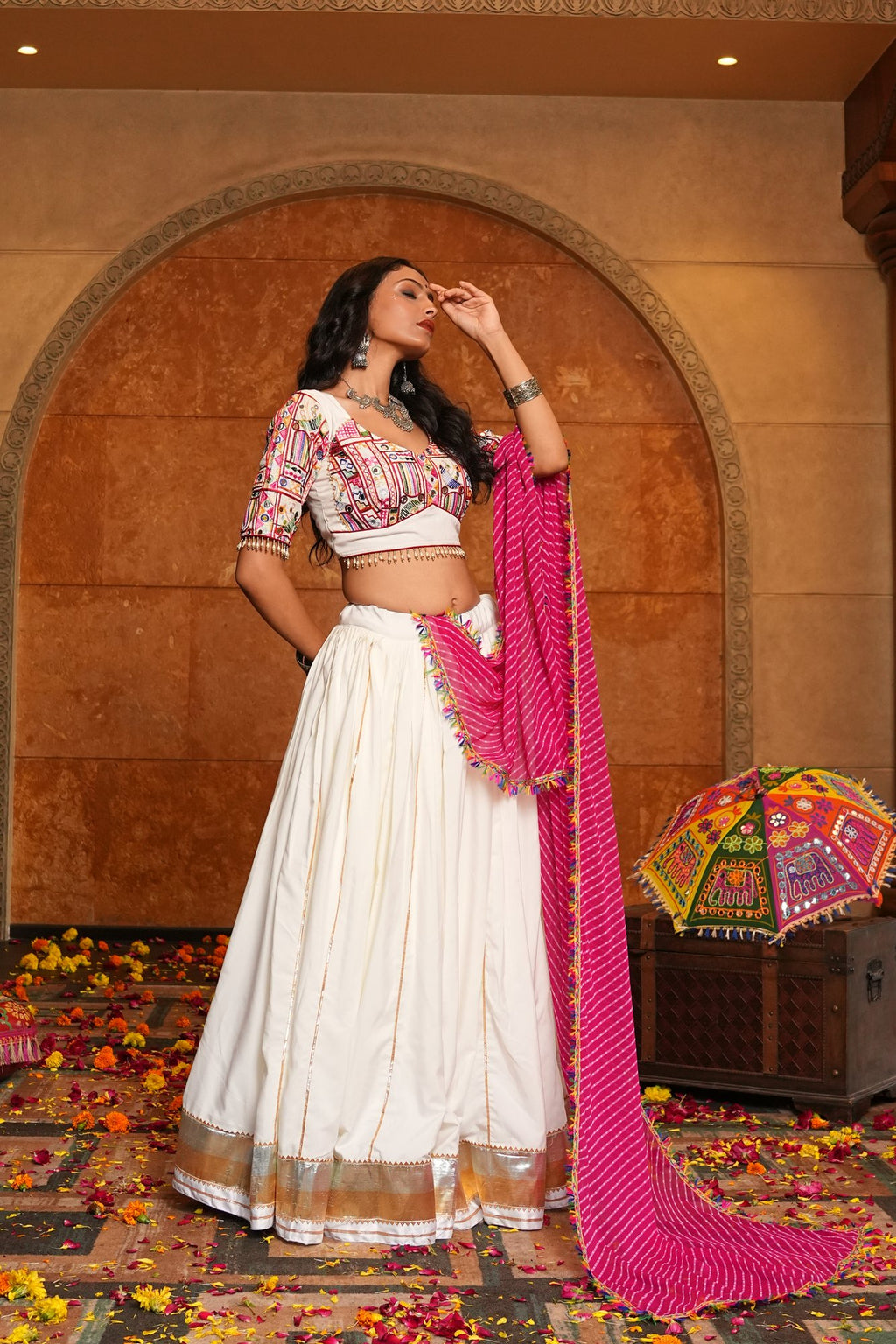 Women's Off White Crepe Traditional Kutchi Embroidery with Mirror Work Semi Stitched Lehenga Choli With Dupatta (Nav_32_Off White)
