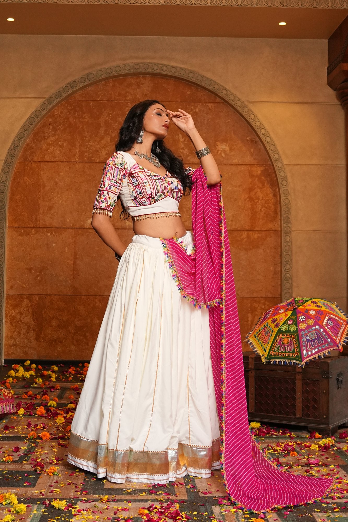 Women's Off White Crepe Traditional Kutchi Embroidery with Mirror Work Semi Stitched Lehenga Choli With Dupatta (Nav_32_Off White)
