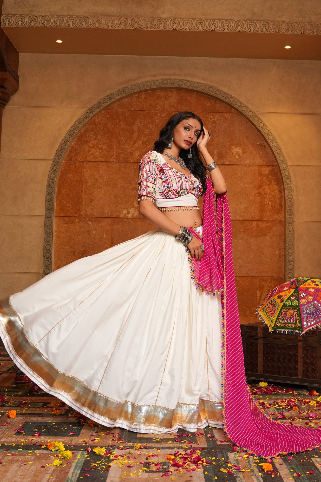 Women's Off White Crepe Traditional Kutchi Embroidery with Mirror Work Semi Stitched Lehenga Choli With Dupatta (Nav_32_Off White)