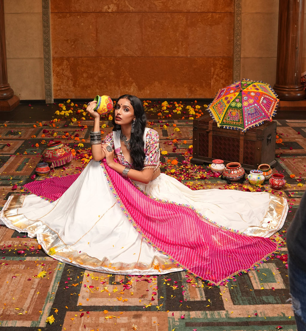 Women's Off White Crepe Traditional Kutchi Embroidery with Mirror Work Semi Stitched Lehenga Choli With Dupatta (Nav_32_Off White)