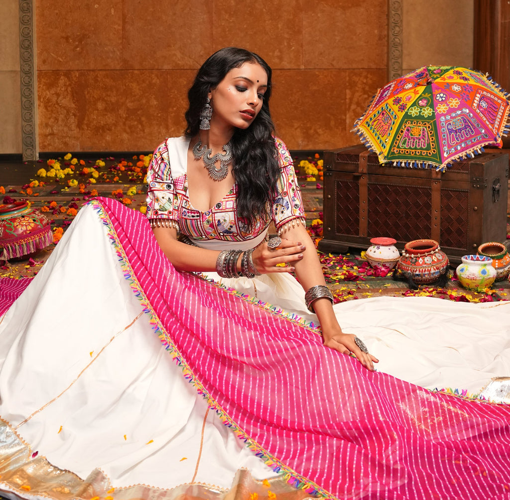 Women's Off White Crepe Traditional Kutchi Embroidery with Mirror Work Semi Stitched Lehenga Choli With Dupatta (Nav_32_Off White)