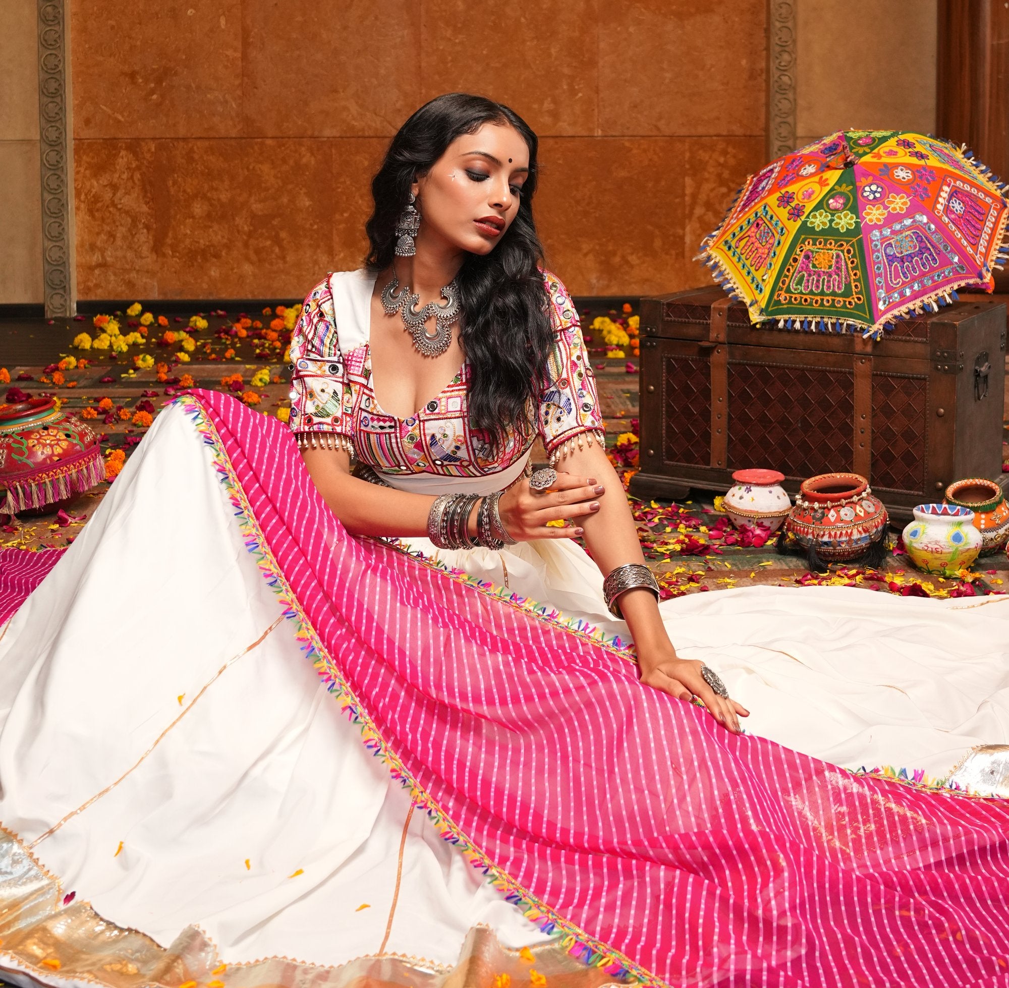 Women's Off White Crepe Traditional Kutchi Embroidery with Mirror Work Semi Stitched Lehenga Choli With Dupatta (Nav_32_Off White)