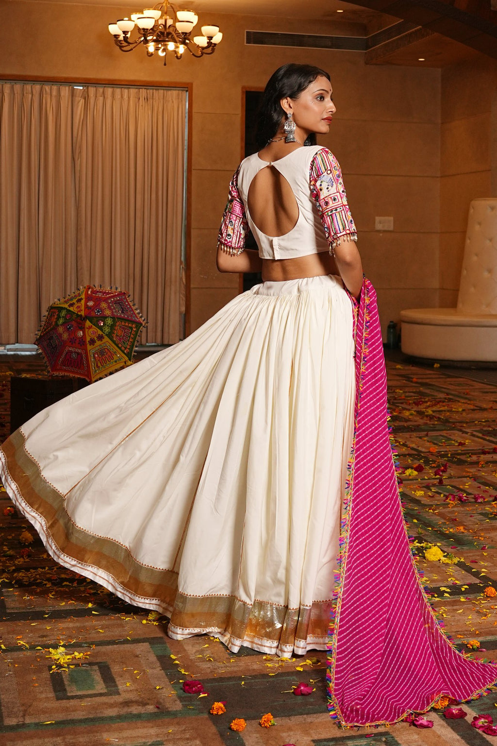 Women's Off White Crepe Traditional Kutchi Embroidery with Mirror Work Semi Stitched Lehenga Choli With Dupatta (Nav_32_Off White)