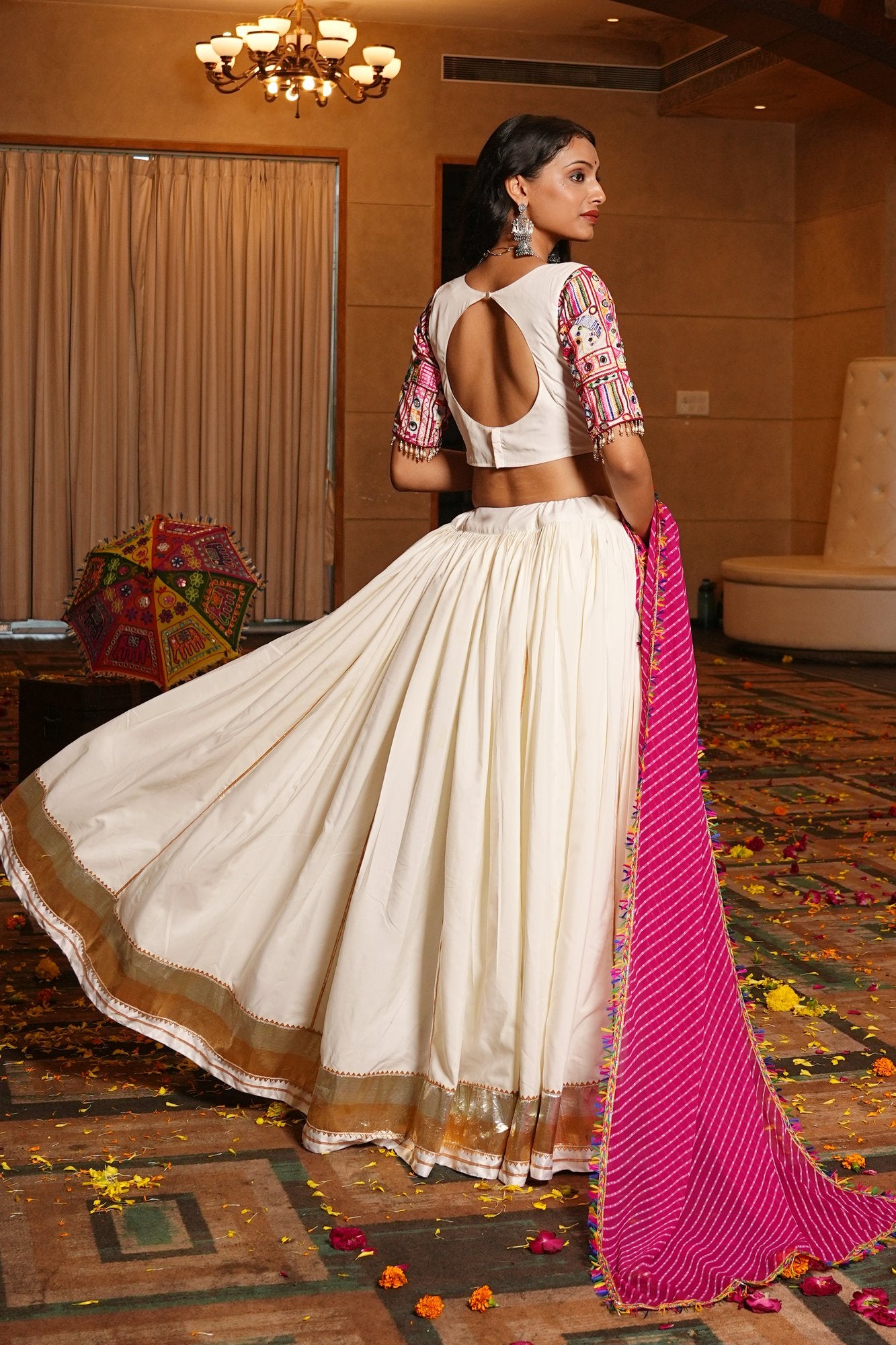 Women's Off White Crepe Traditional Kutchi Embroidery with Mirror Work Semi Stitched Lehenga Choli With Dupatta (Nav_32_Off White)