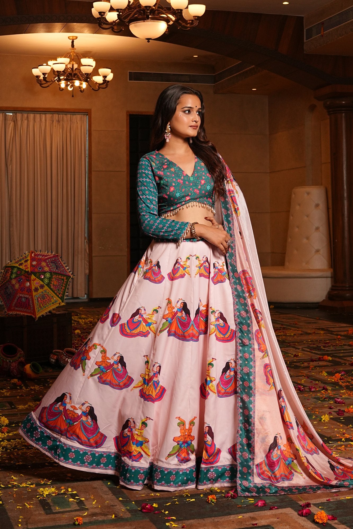 Women's Light Pink Crepe Printed Work Semi Stitched Lehenga Choli With Dupatta (Nav_33_Light Pink)
