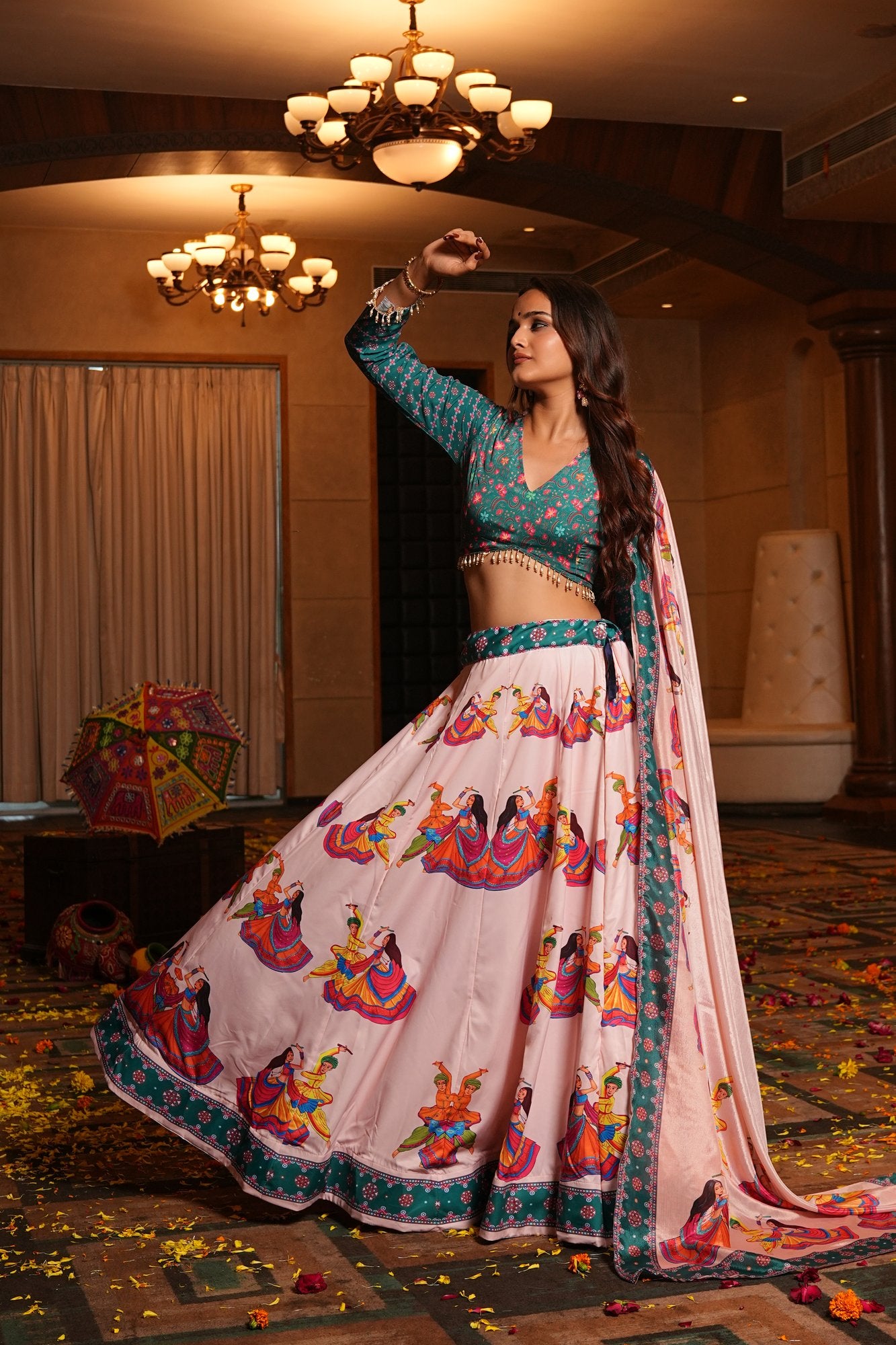 Women's Light Pink Crepe Printed Work Semi Stitched Lehenga Choli With Dupatta (Nav_33_Light Pink)