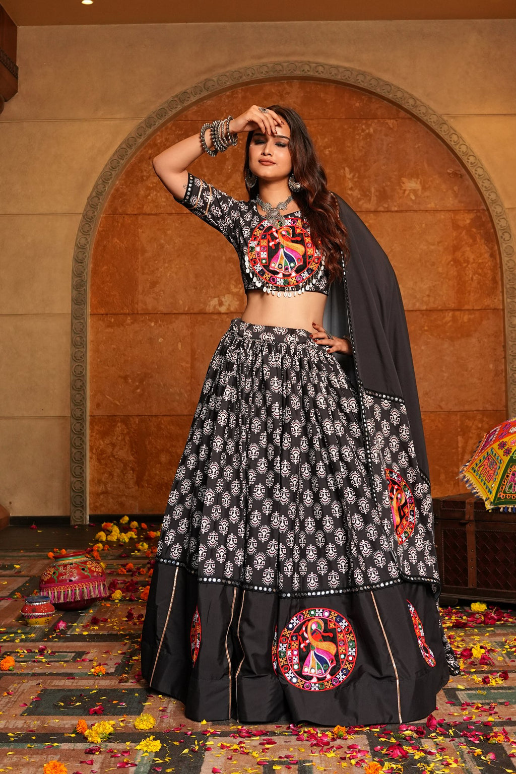 Women's Black Crepe Embroidery and Printed Semi Stitched Lehenga Choli With Dupatta (Nav_34_Black)