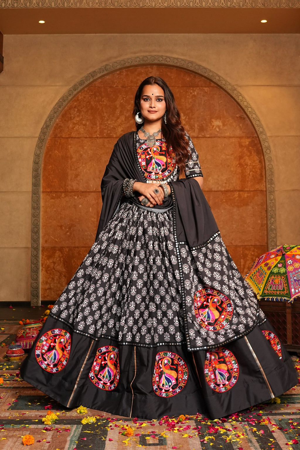 Women's Black Crepe Embroidery and Printed Semi Stitched Lehenga Choli With Dupatta (Nav_34_Black)