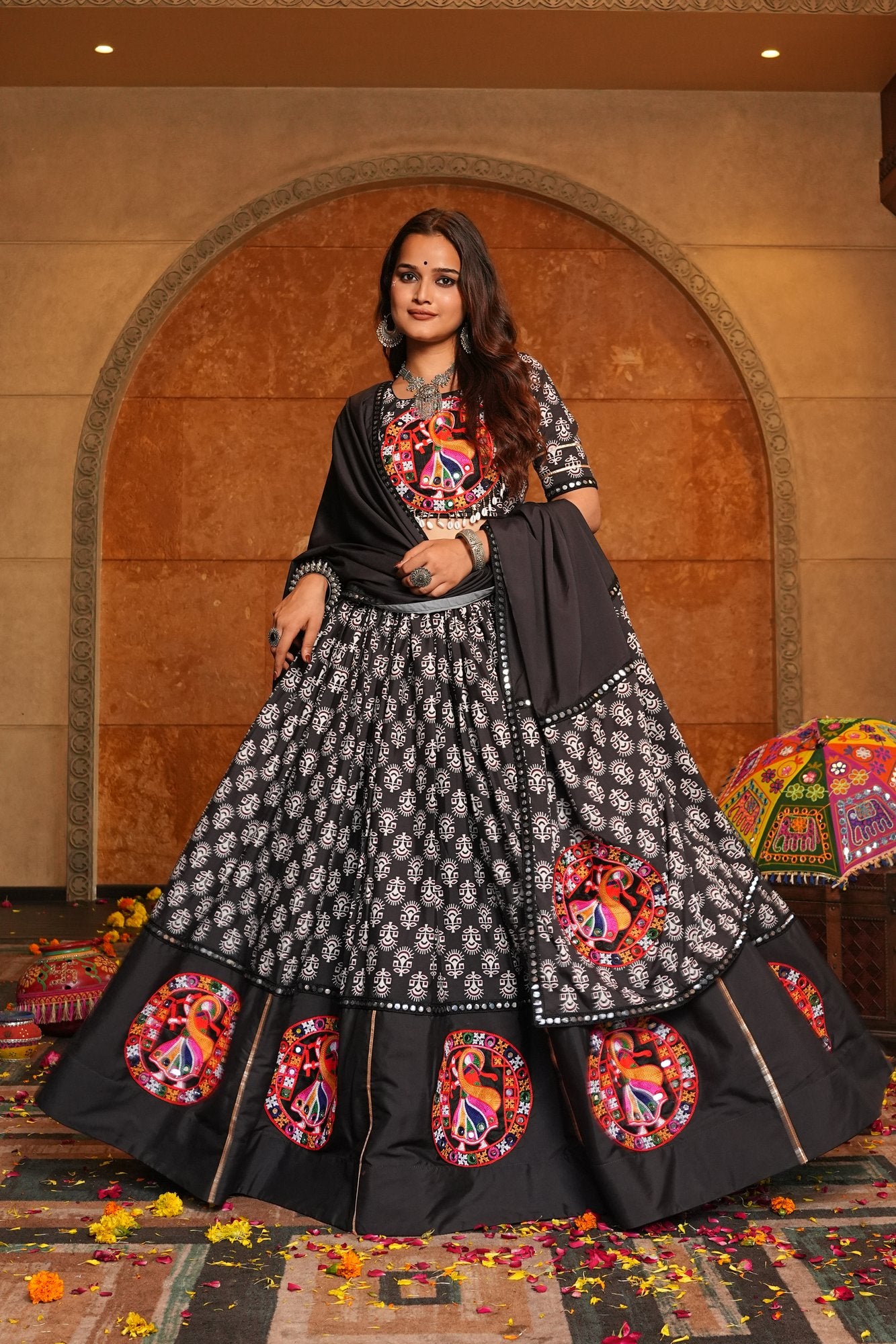 Women's Black Crepe Embroidery and Printed Semi Stitched Lehenga Choli With Dupatta (Nav_34_Black)