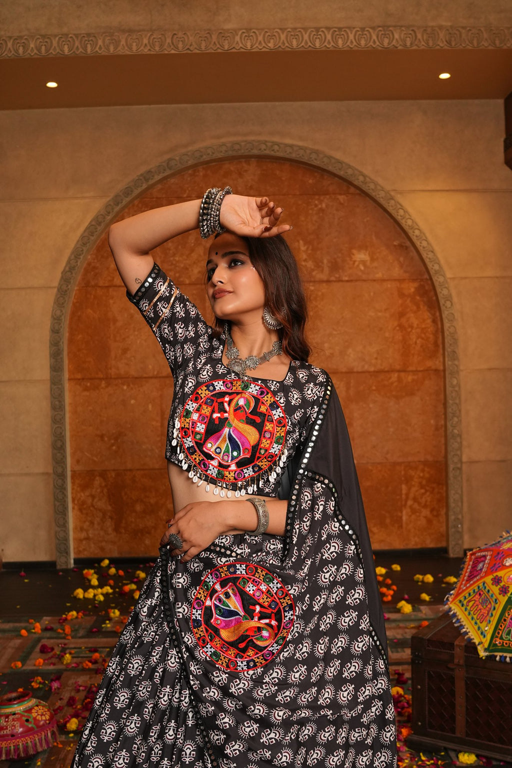 Women's Black Crepe Embroidery and Printed Semi Stitched Lehenga Choli With Dupatta (Nav_34_Black)