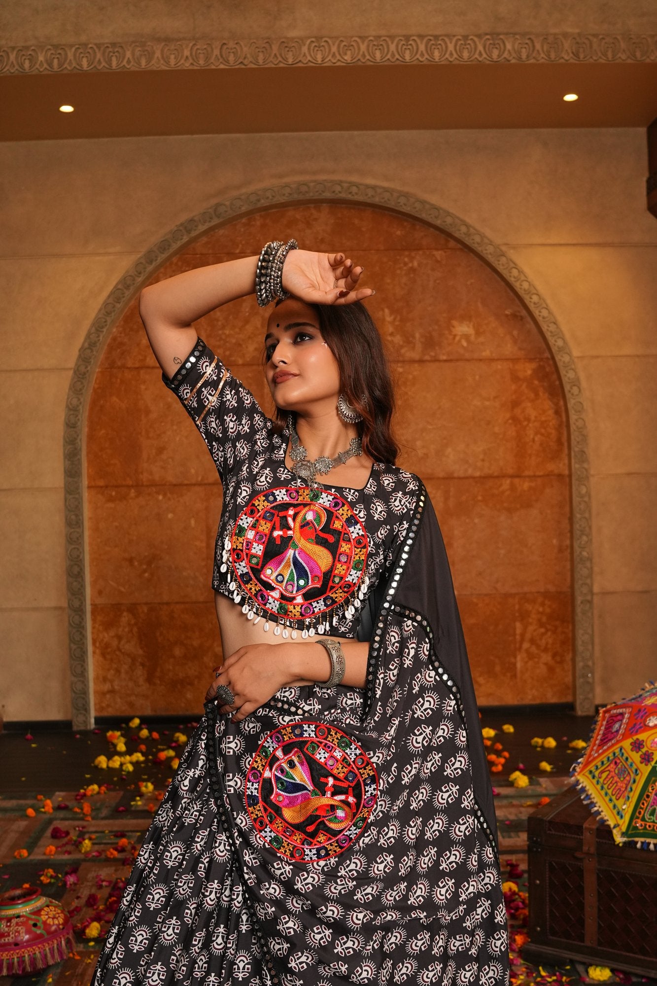 Women's Black Crepe Embroidery and Printed Semi Stitched Lehenga Choli With Dupatta (Nav_34_Black)
