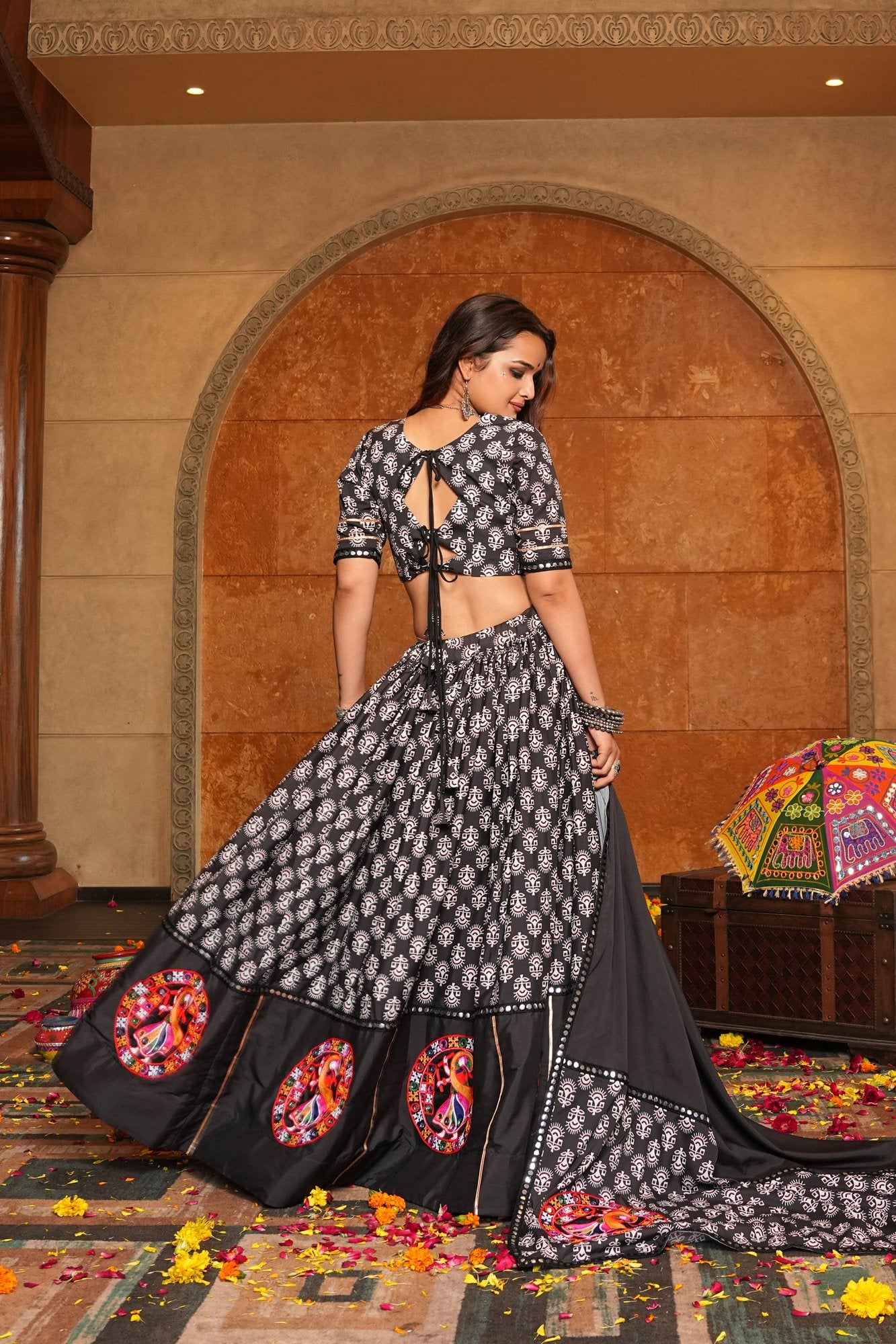 Women's Black Crepe Embroidery and Printed Semi Stitched Lehenga Choli With Dupatta (Nav_34_Black)