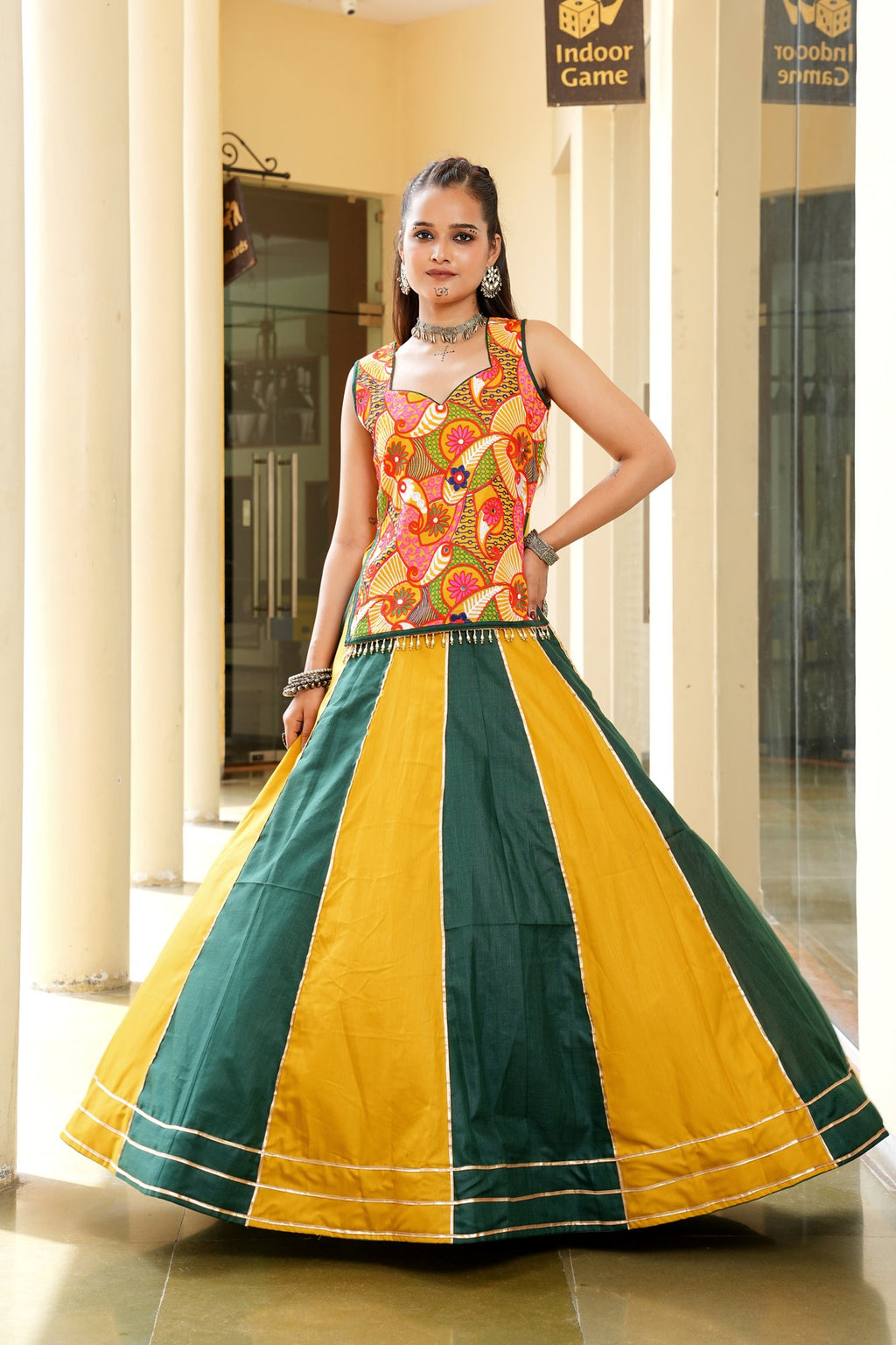 Women's Musterd & Green Cotton Embroidery and Printed Semi Stitched Lehenga Choli With Dupatta (Nav_35_Musterd & Green)