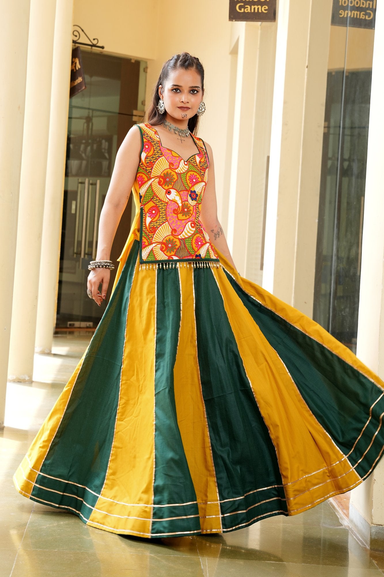 Women's Musterd & Green Cotton Embroidery and Printed Semi Stitched Lehenga Choli With Dupatta (Nav_35_Musterd & Green)