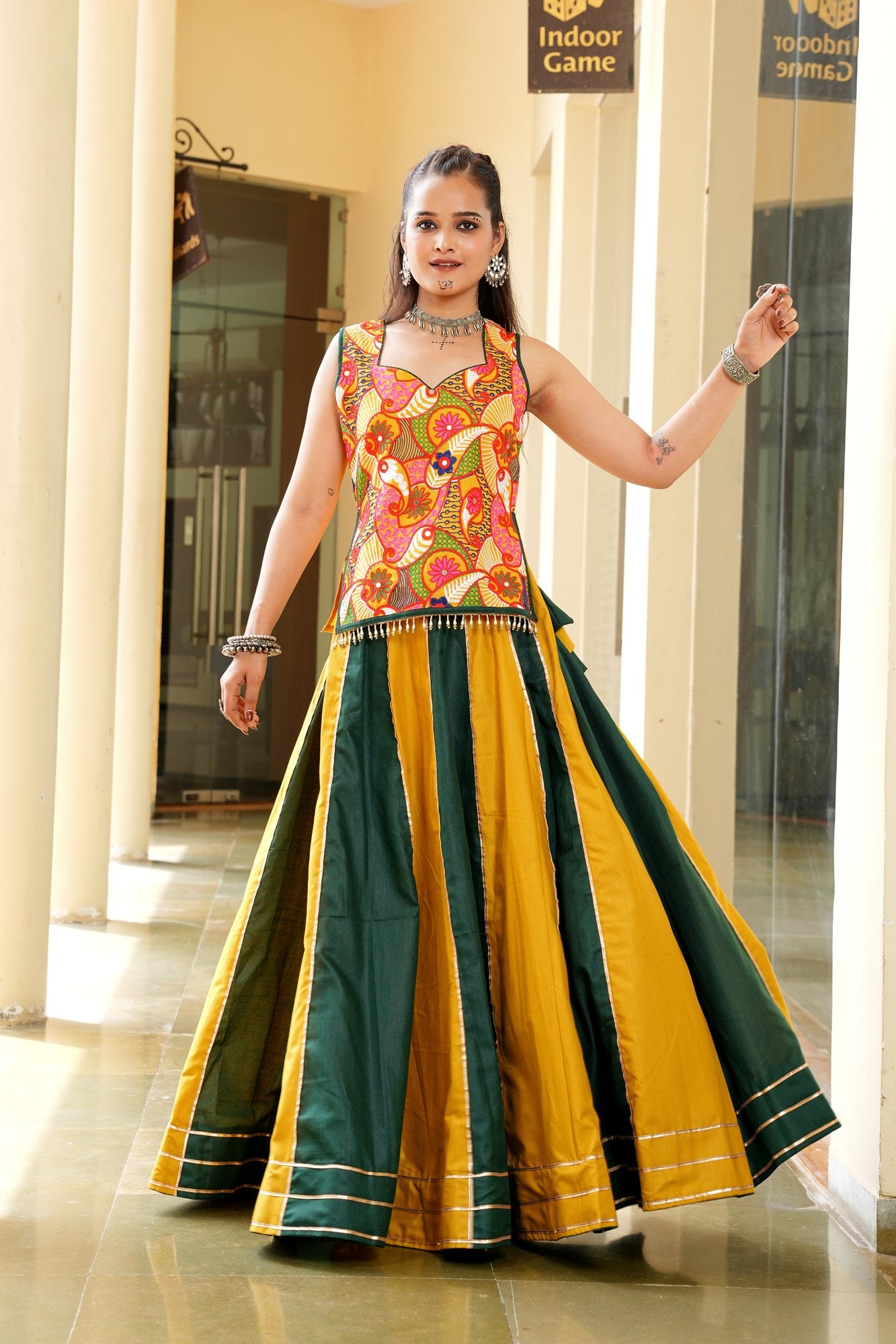Women's Musterd & Green Cotton Embroidery and Printed Semi Stitched Lehenga Choli With Dupatta (Nav_35_Musterd & Green)