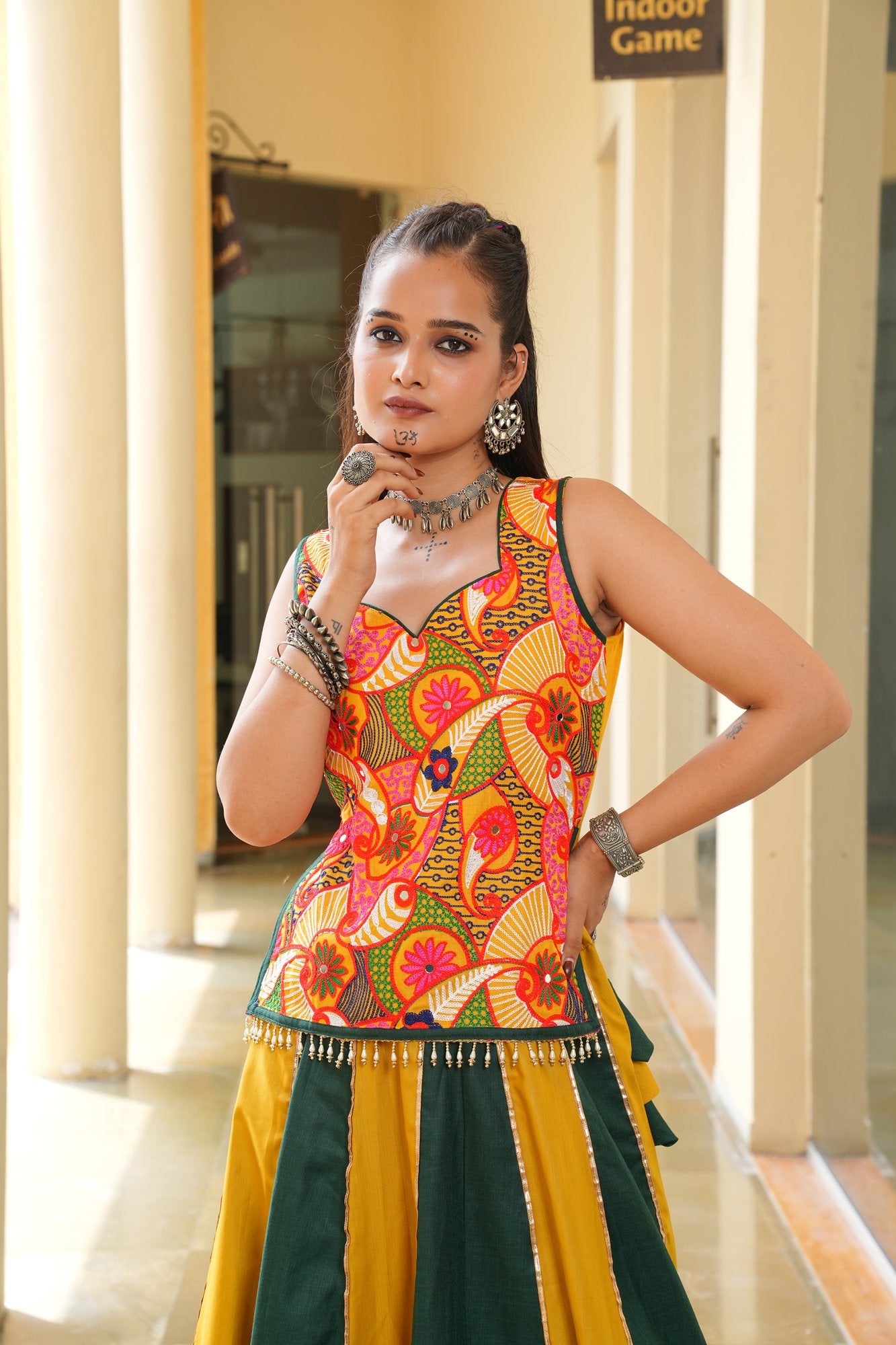 Women's Musterd & Green Cotton Embroidery and Printed Semi Stitched Lehenga Choli With Dupatta (Nav_35_Musterd & Green)