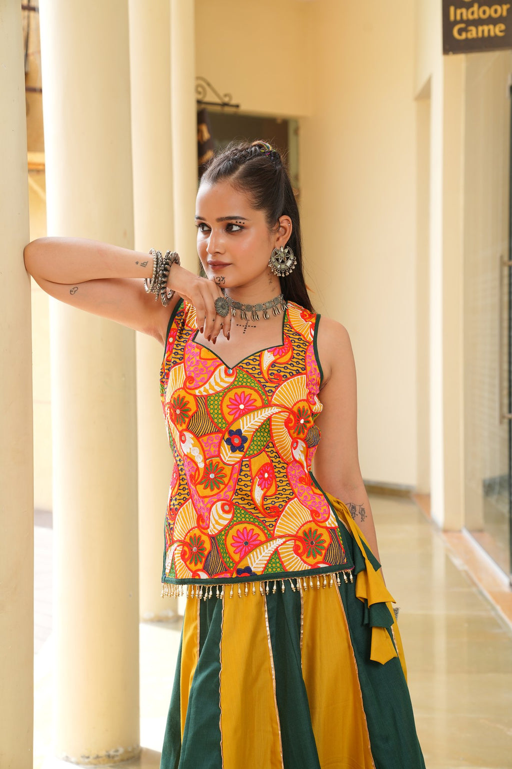 Women's Musterd & Green Cotton Embroidery and Printed Semi Stitched Lehenga Choli With Dupatta (Nav_35_Musterd & Green)