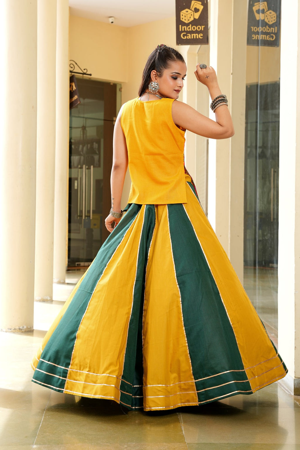Women's Musterd & Green Cotton Embroidery and Printed Semi Stitched Lehenga Choli With Dupatta (Nav_35_Musterd & Green)