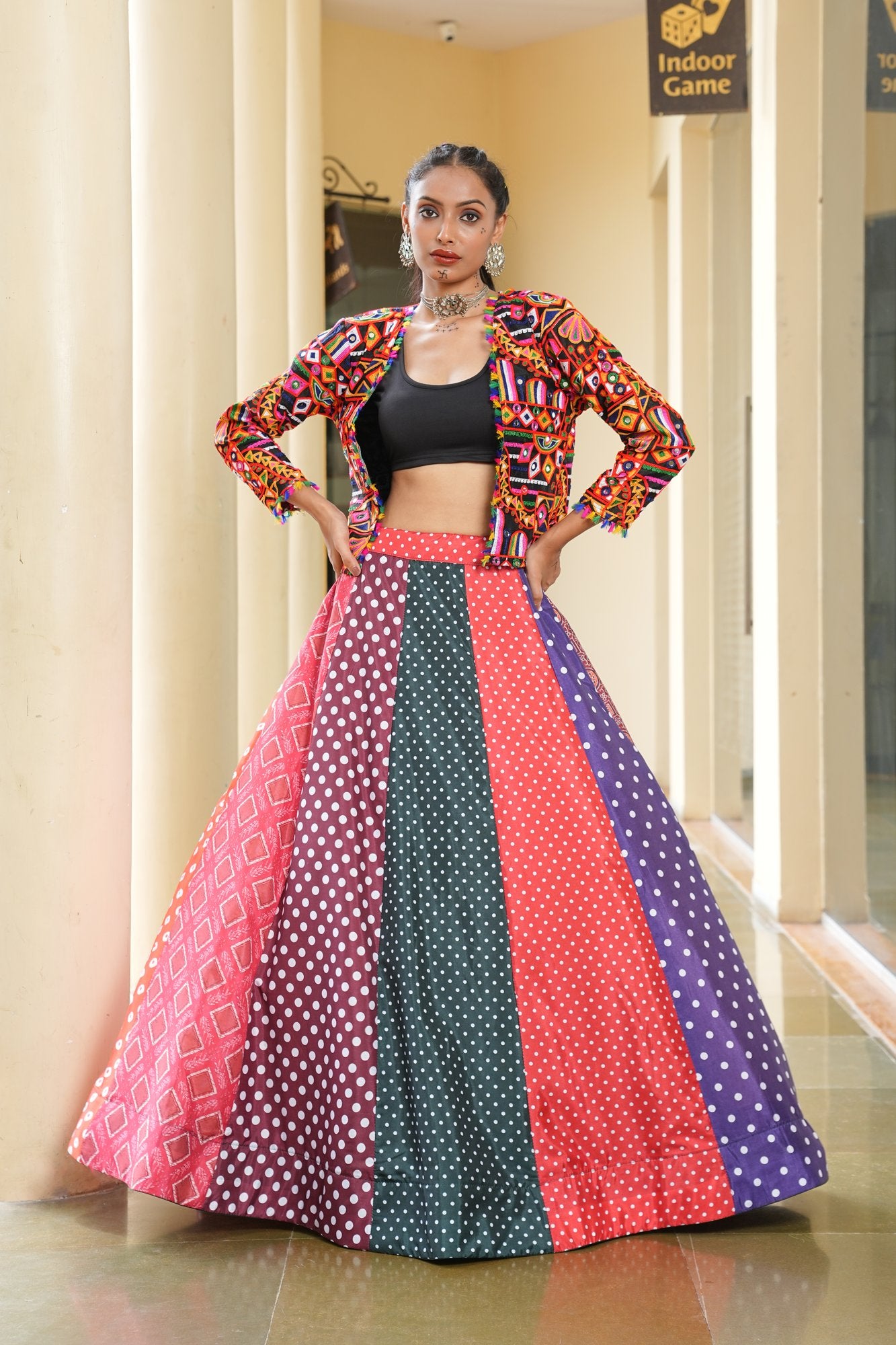 Women's Multi Silk Crepe Embroidery and Printed Semi Stitched Lehenga Choli With Dupatta (Nav_36_Multi)