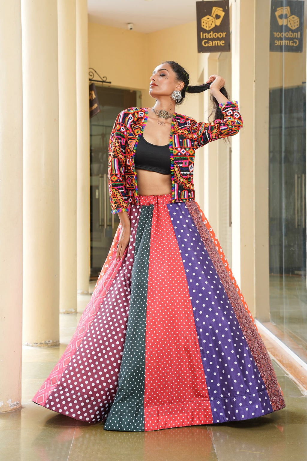 Women's Multi Silk Crepe Embroidery and Printed Semi Stitched Lehenga Choli With Dupatta (Nav_36_Multi)