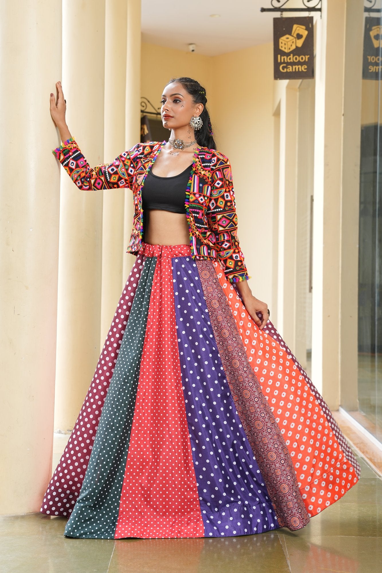 Women's Multi Silk Crepe Embroidery and Printed Semi Stitched Lehenga Choli With Dupatta (Nav_36_Multi)
