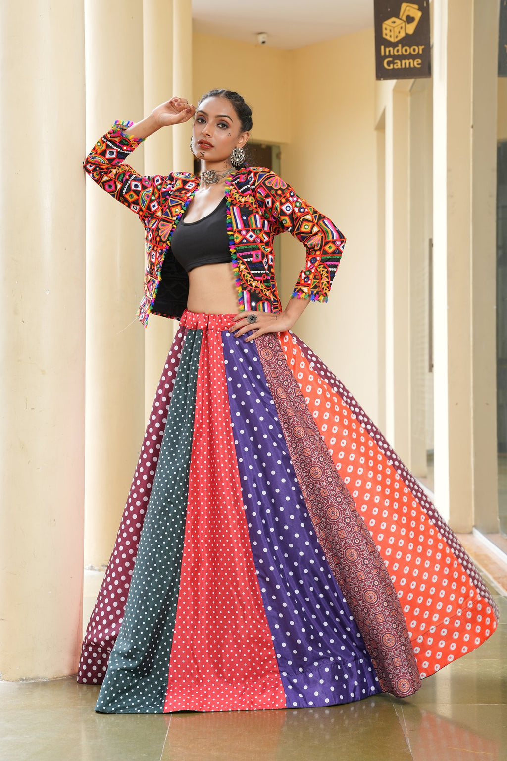 Women's Multi Silk Crepe Embroidery and Printed Semi Stitched Lehenga Choli With Dupatta (Nav_36_Multi)