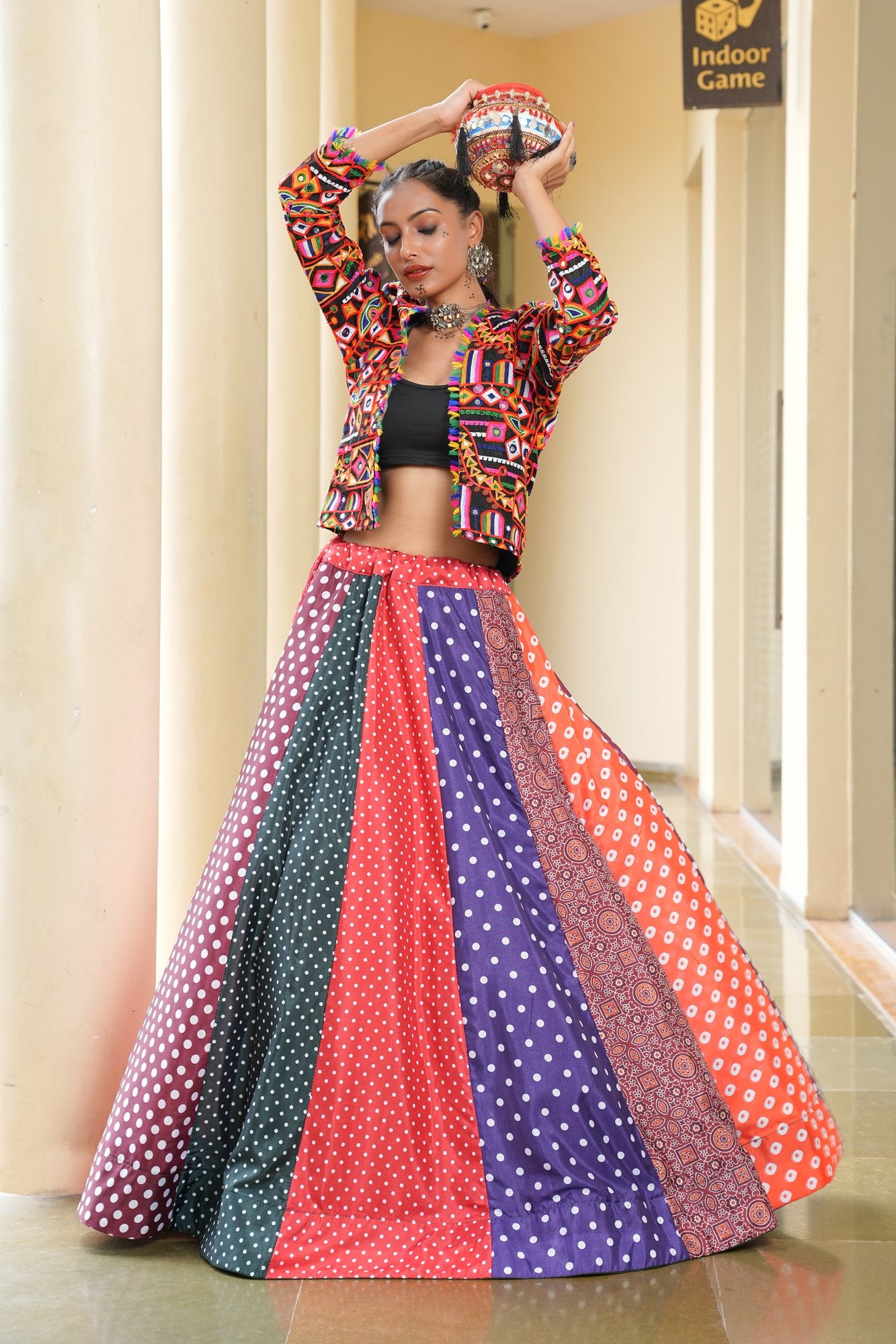 Women's Multi Silk Crepe Embroidery and Printed Semi Stitched Lehenga Choli With Dupatta (Nav_36_Multi)