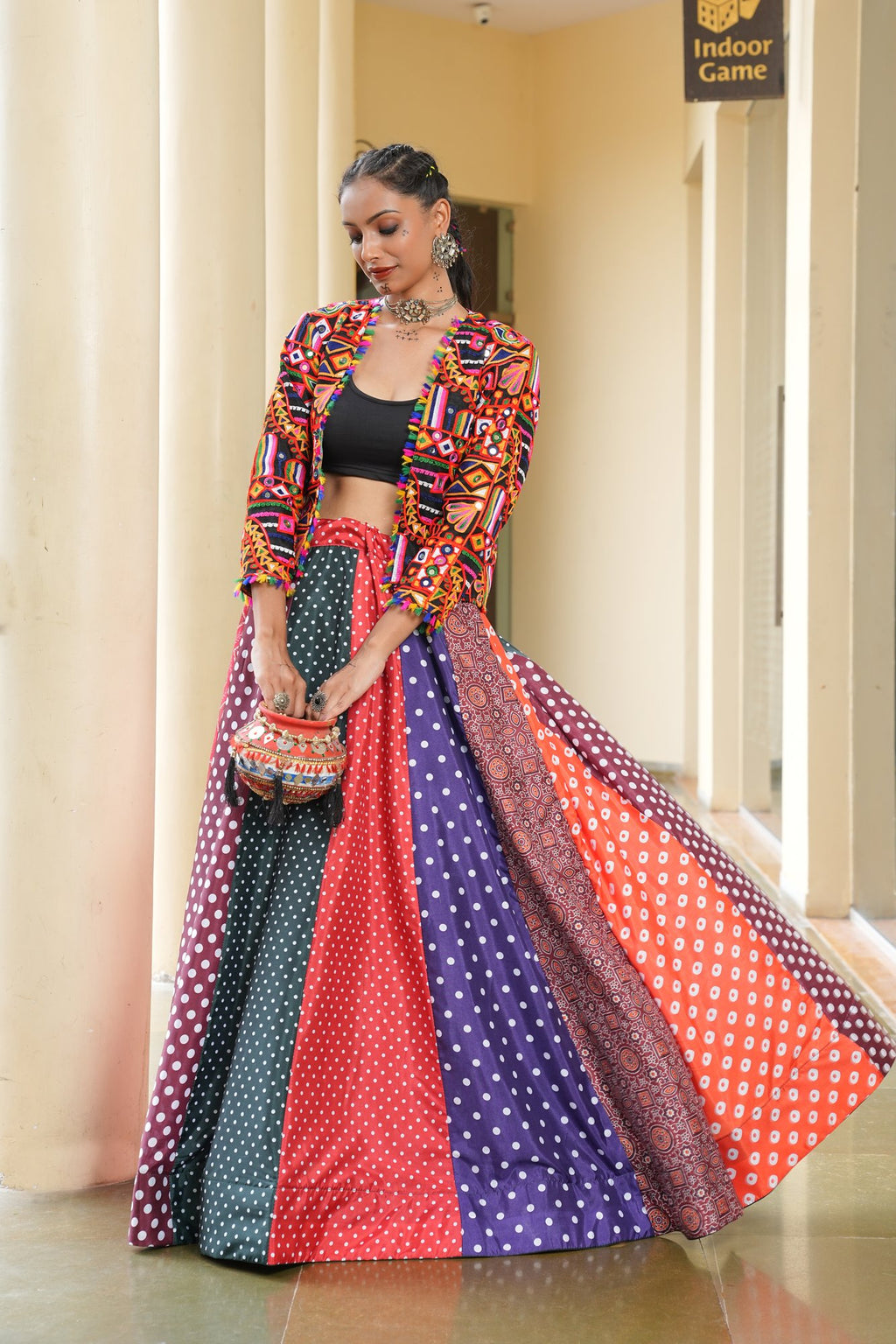 Women's Multi Silk Crepe Embroidery and Printed Semi Stitched Lehenga Choli With Dupatta (Nav_36_Multi)