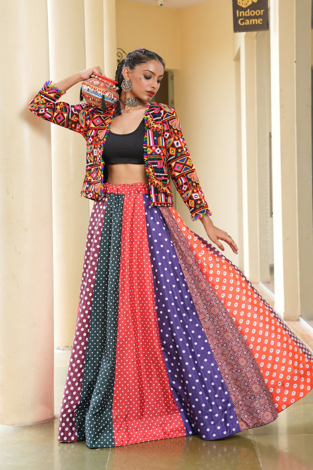Women's Multi Silk Crepe Embroidery and Printed Semi Stitched Lehenga Choli With Dupatta (Nav_36_Multi)