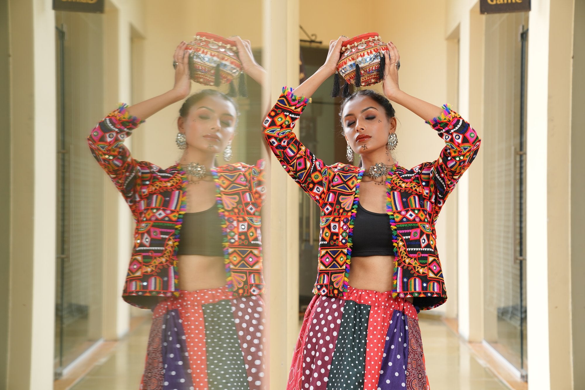 Women's Multi Silk Crepe Embroidery and Printed Semi Stitched Lehenga Choli With Dupatta (Nav_36_Multi)