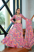Women's Multi Chinnon Printed Work Semi Stitched Lehenga Choli With Dupatta (Nav_37_Multi)