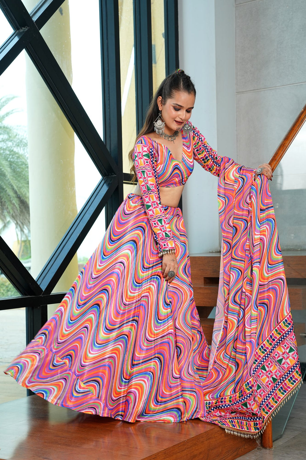 Women's Multi Chinnon Printed Work Semi Stitched Lehenga Choli With Dupatta (Nav_37_Multi)