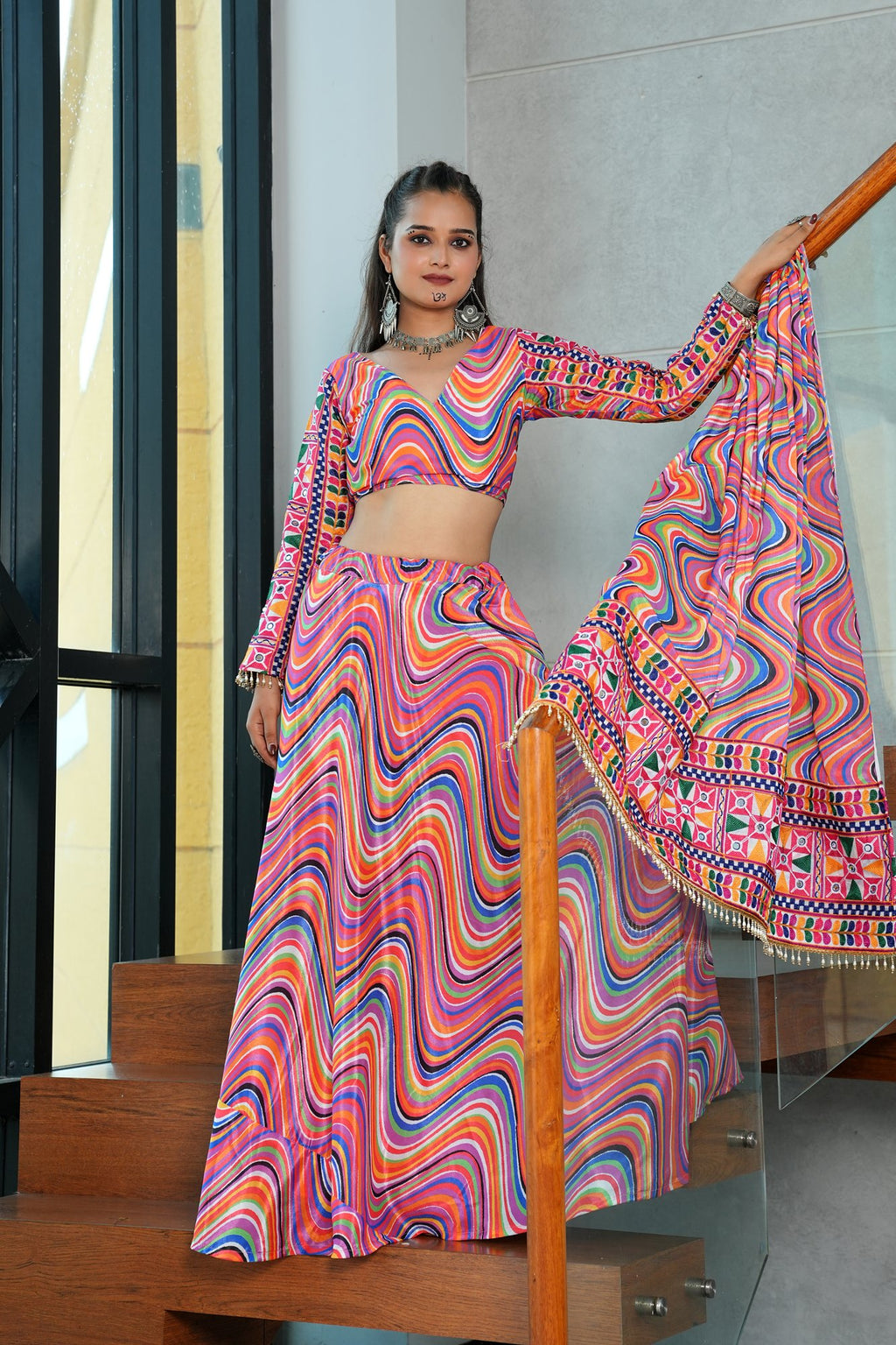 Women's Multi Chinnon Printed Work Semi Stitched Lehenga Choli With Dupatta (Nav_37_Multi)