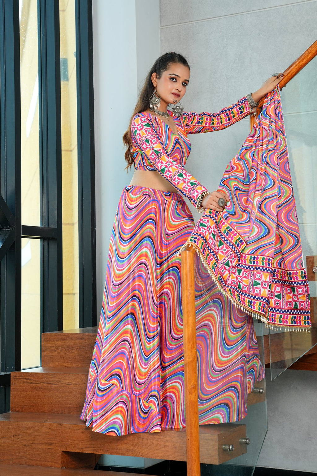 Women's Multi Chinnon Printed Work Semi Stitched Lehenga Choli With Dupatta (Nav_37_Multi)